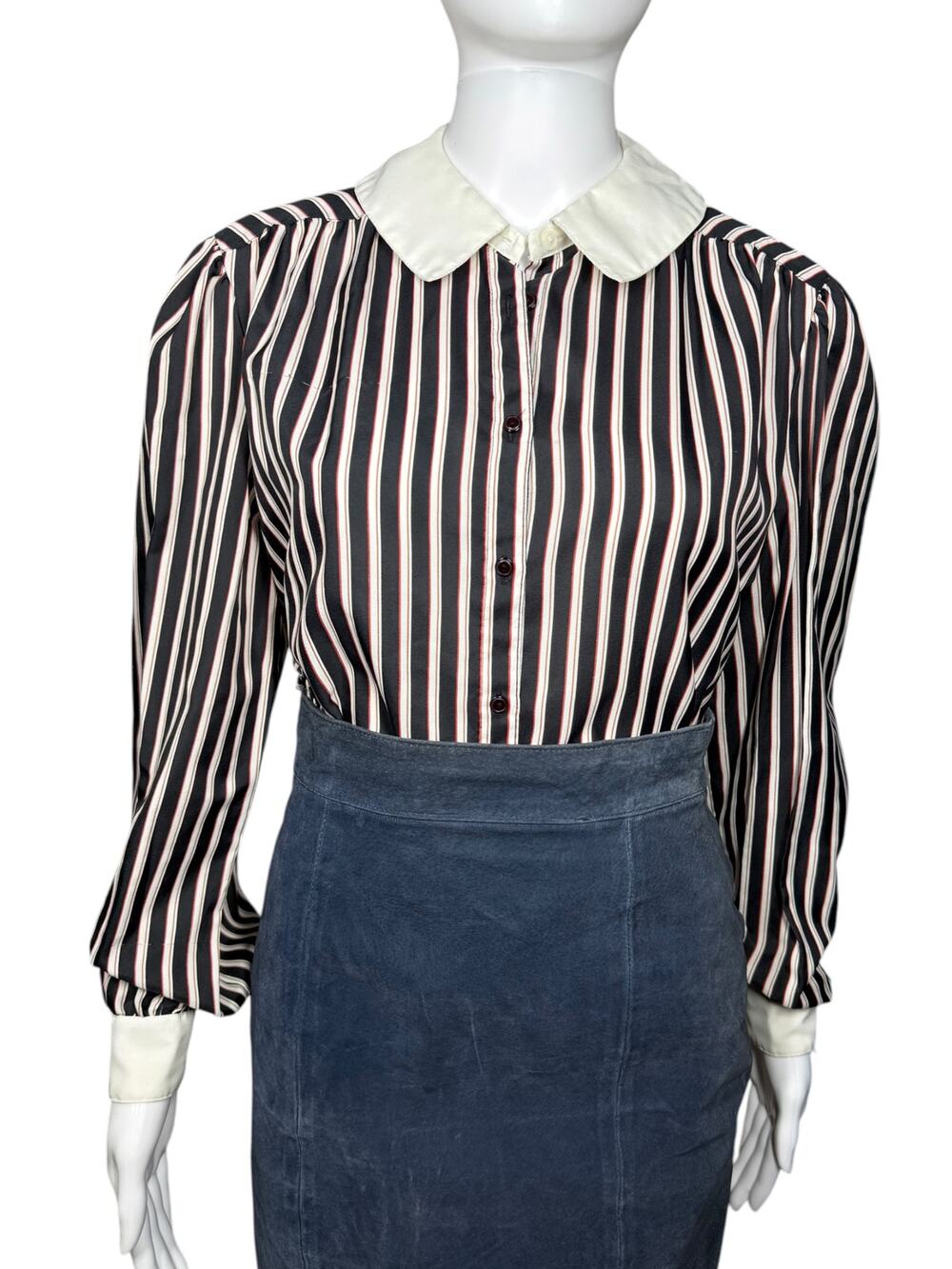 Vintage 70S Striped Victorian Collared Puff Shoulder Blouse Small / Medium
